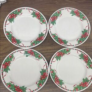 Christmas Holiday Plates Set‎ of 4 Poinsettia Holly Dinnerware Dishwasher Safe